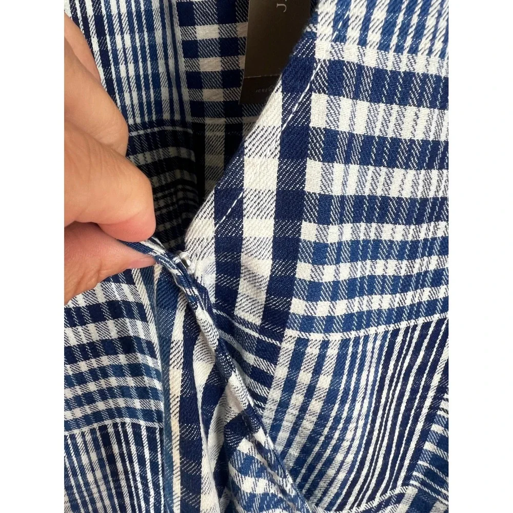 J. Crew Blue and White Plaid Short Sleeve Wrap Blouse